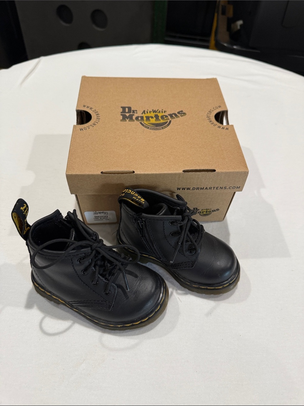 Toddler DrMartens Kids Black Leather Ankle Boots with Yellow Stitching Size 5US
